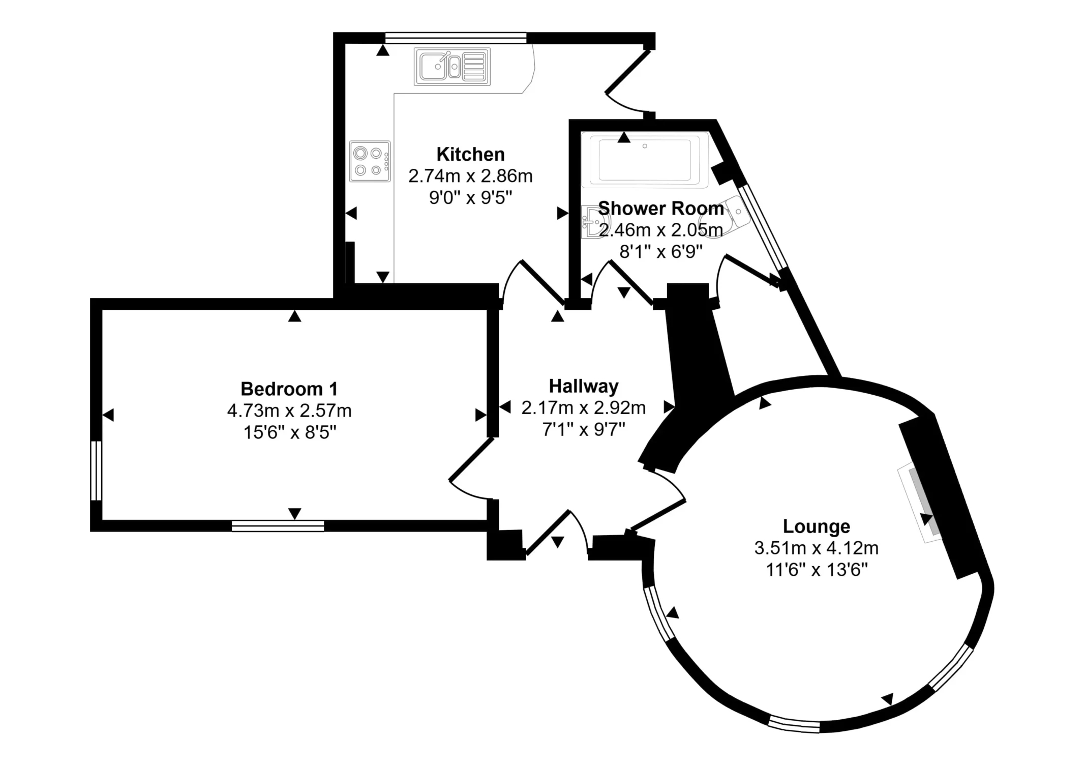 One-bedroom property floor plan showing room layouts and measurements.