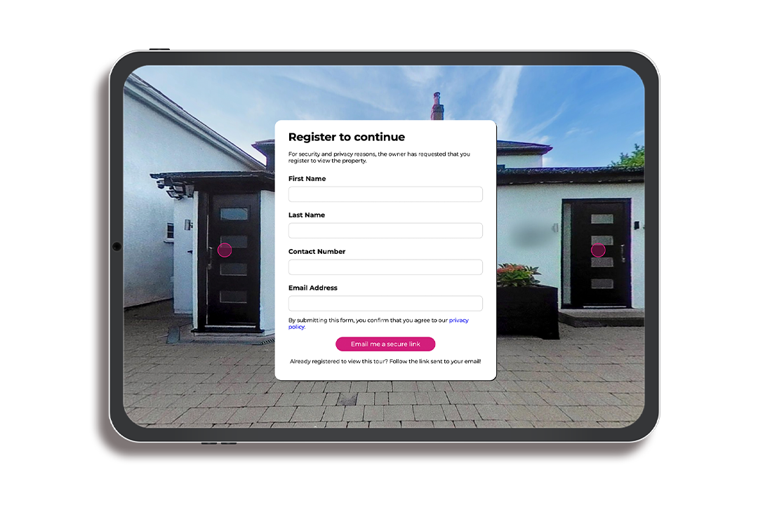 Made snappy's virtual property tour lead generation form for buyer enquiries displayed on an iPad.