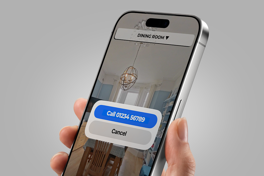 Virtual property tour with click-to-call contact feature displayed in close up on a mobile phone.