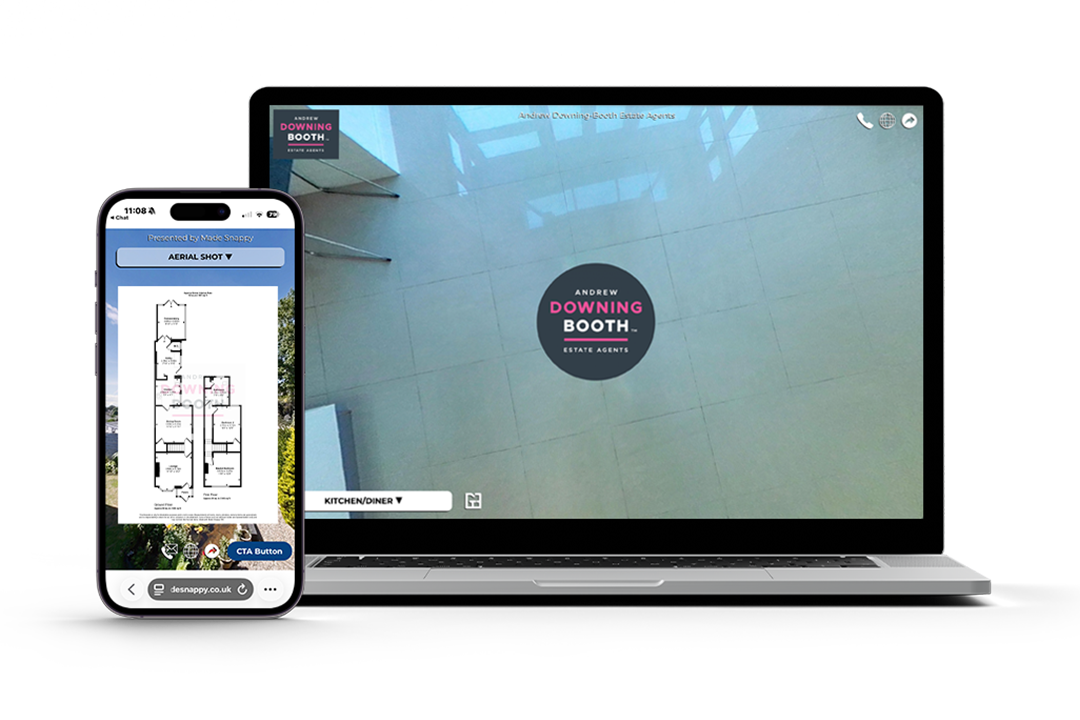 Branded virtual property tour displayed on mobile and laptop.