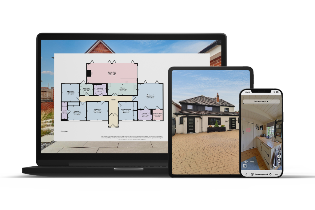 A professional floor plan, 360º virtual tour, and exterior property image displayed on a laptop, tablet, and mobile phone.