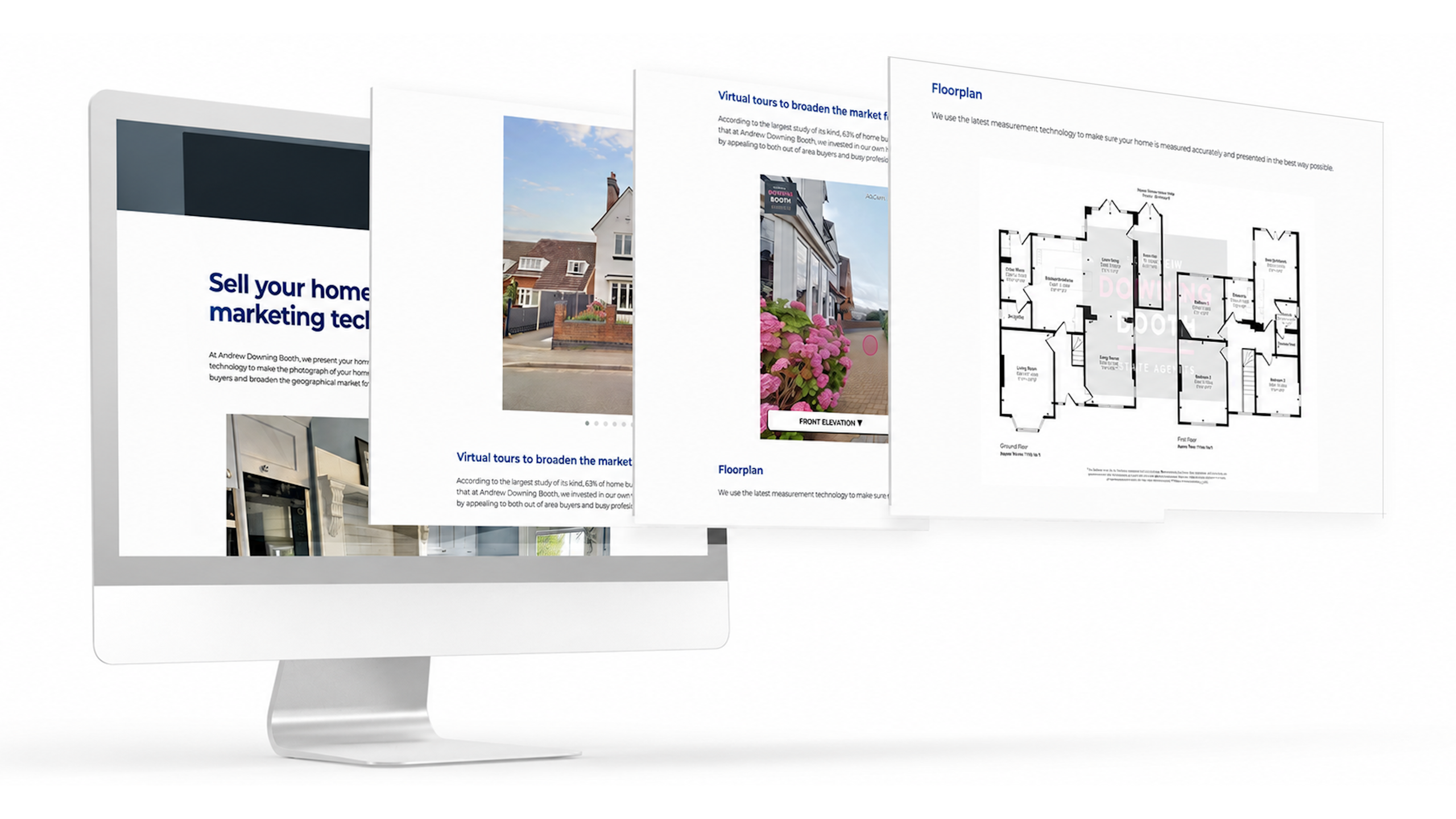 Made Snappy property marketing presentation with virtual tour and floor plan displayed on a computer with multiple screens.