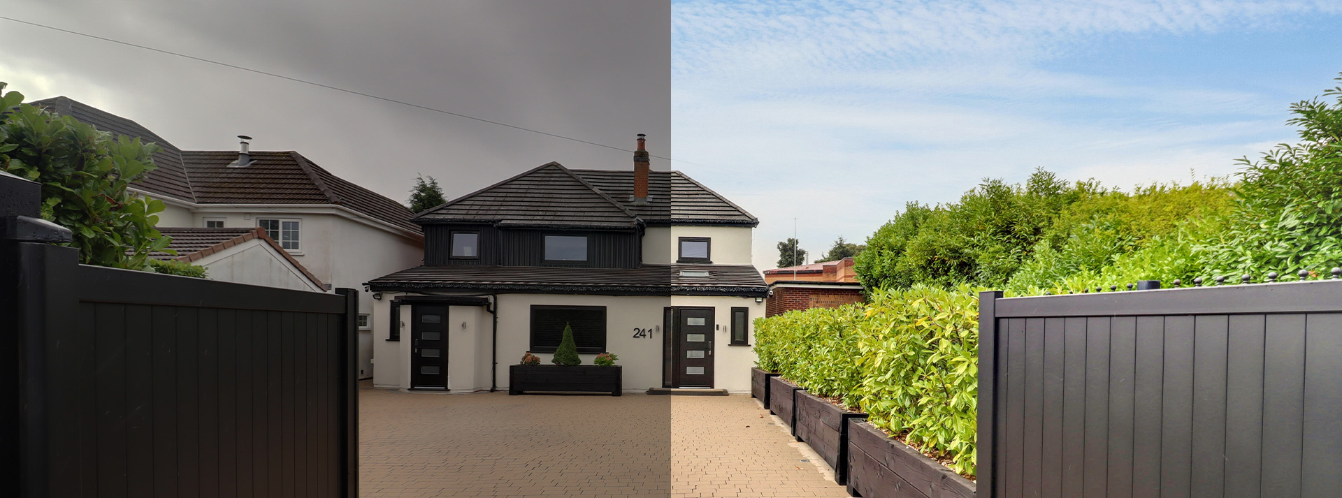 A photo of a two story house from the top of the drive. Demonstrating before and after professional property photo editing, left side of the image is dull with grey skeis, the right side has been enhanced and shows vibrant natural colours and a blue sky 