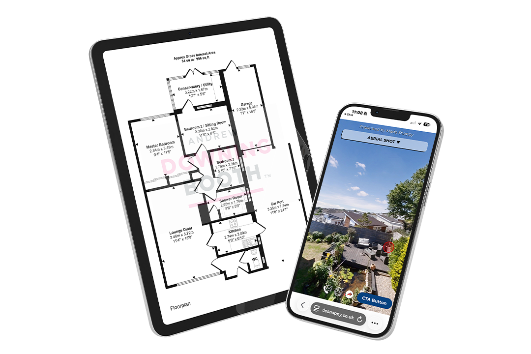 A property floor plan and 360º virtual tour example displayed on a tablet and mobile phone.