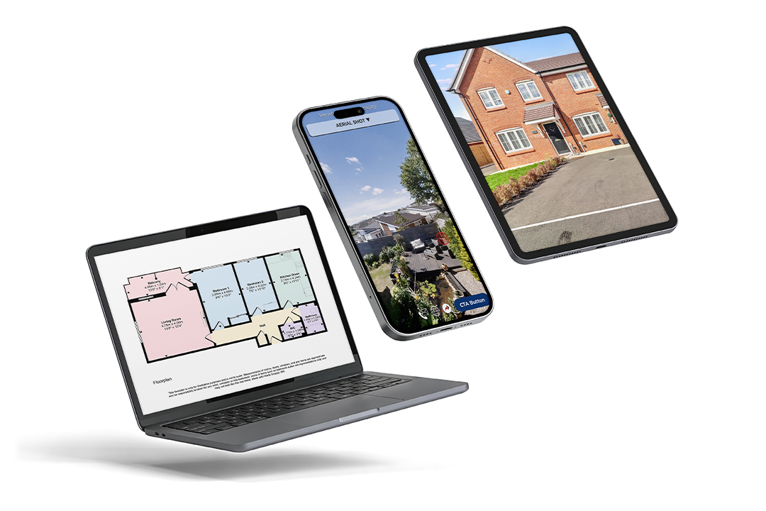 A laptop, mobile phone and a tablet each displaying a different aspect of the Made Snappy service including a virtual tour, a floor plan, and photo enhancements 