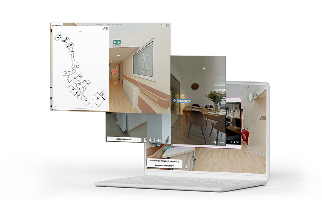 Made Snappy 360's virtual property digital record with a floor plan displayed on three laptop screens.