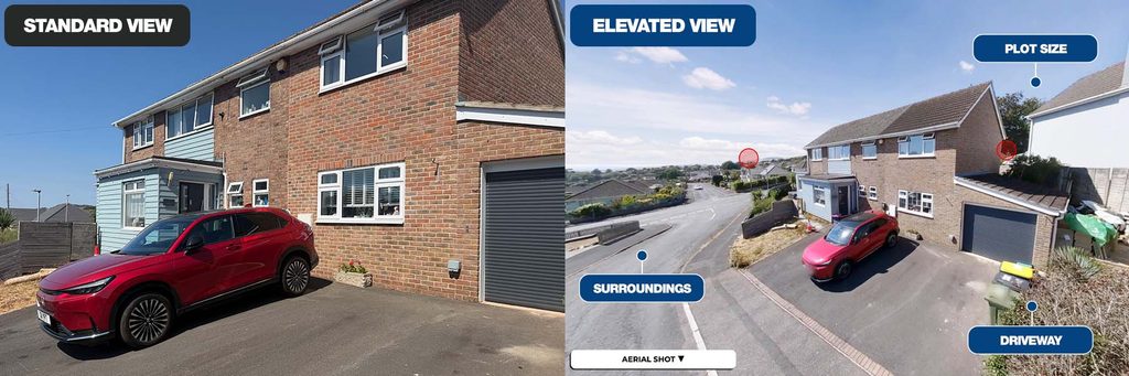 A side by side comparison showing a standard property image and elevated property image. 