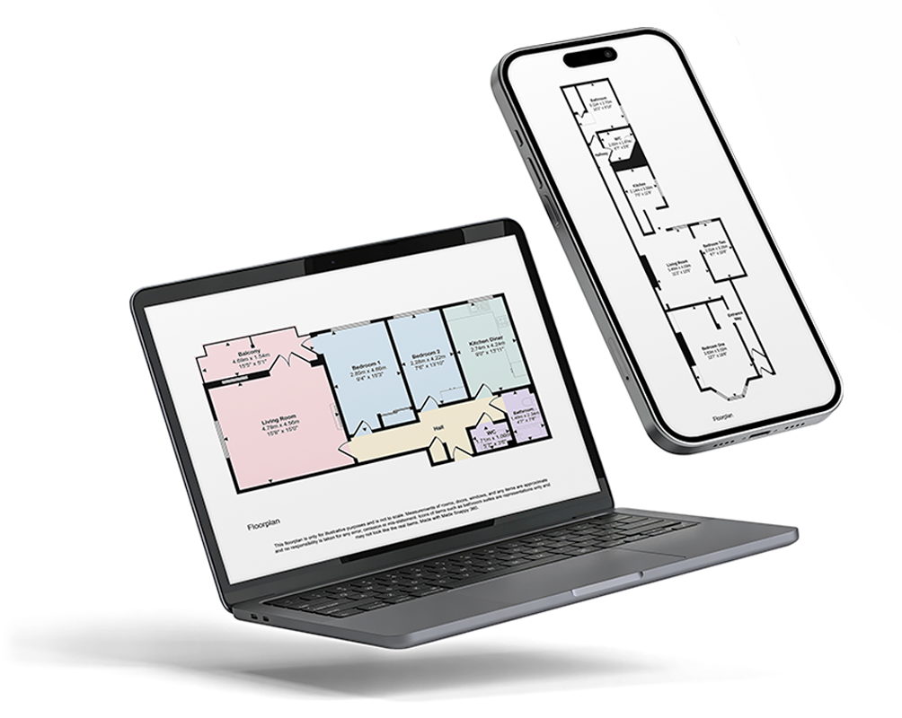 Branded floor plans displayed on a mobile phone and laptop.