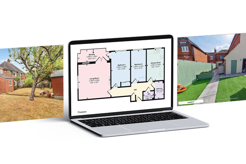 Example of a property with a Made Snappy property floor plan, photography and 360° virtual tour for estate agents displayed on three computer screens.