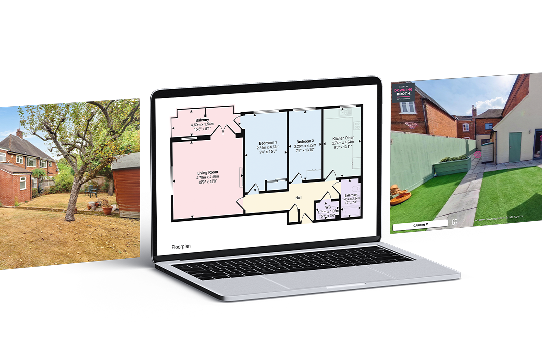 Example of a property with a Made Snappy property floor plan, photography and 360° virtual tour for estate agents displayed on three computer screens.