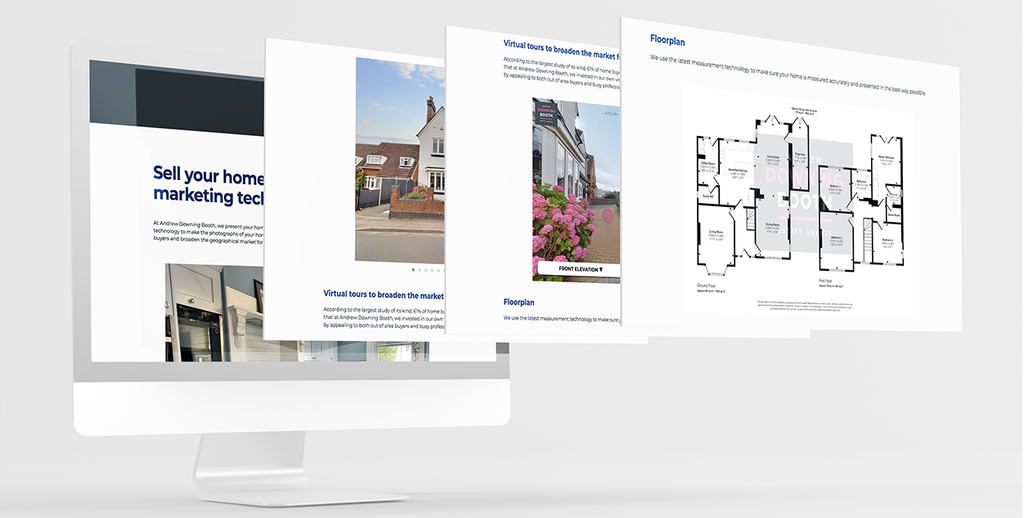 Made Snappy property marketing presentation with virtual tour and floor plan displayed on a computer with multiple screens.