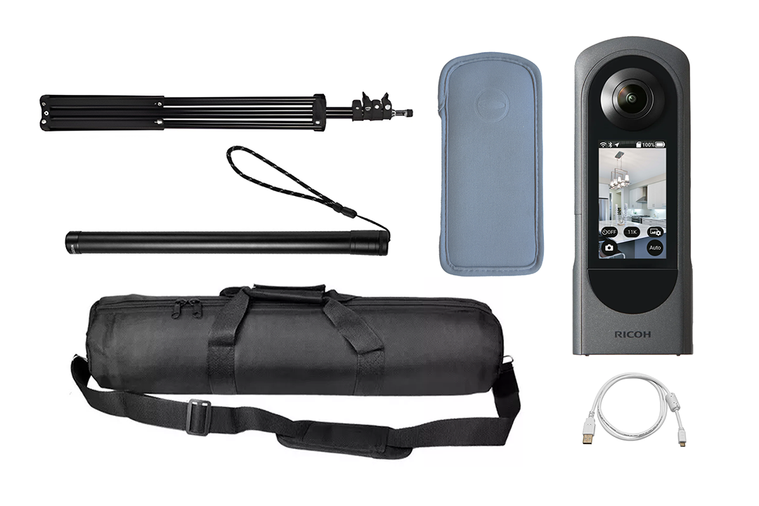 Made Snappy camera kit laid out with a 360° camera, tripod, aerial pole, protective sleeve, carry bag and charging cable.