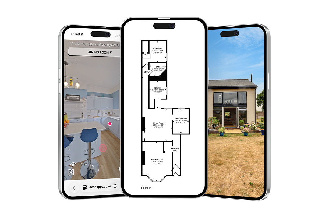 360° virtual property tour and floor plan for estate agents displayed on three mobile phone screens.