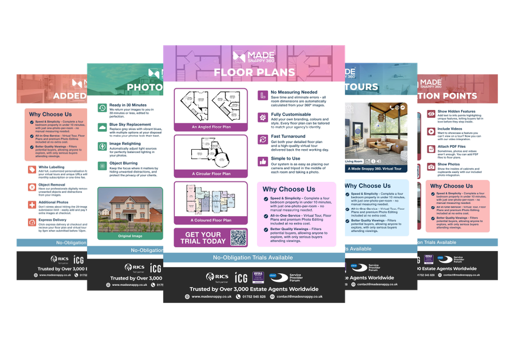 Selection of Made Snappy 360 product and service guides, including floor plans, virtual tours and photo editing.