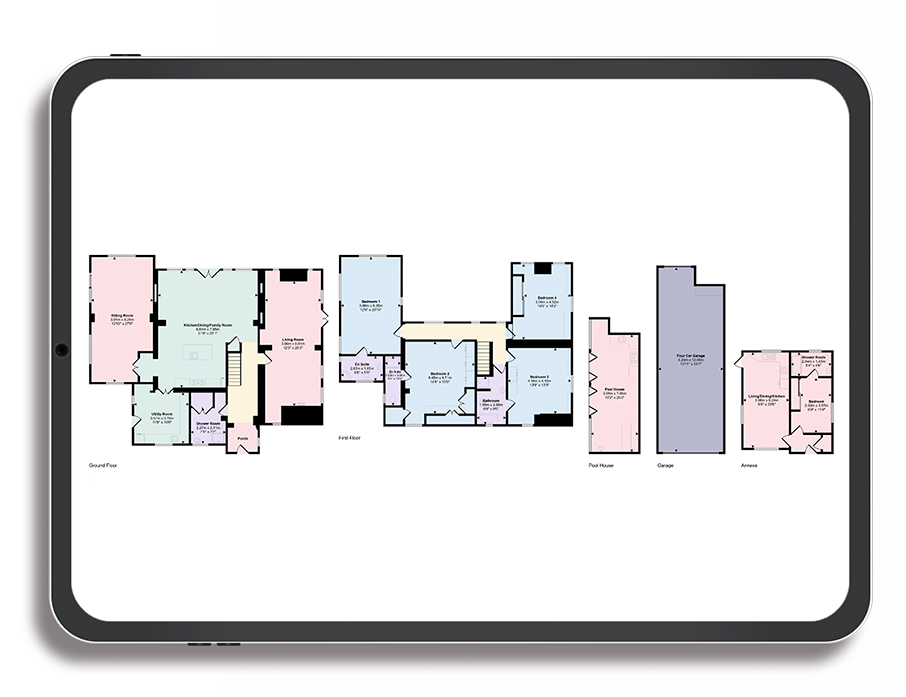 Large property floor plan displayed on a tablet.
