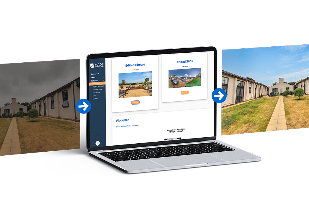 Property photo before and after enhancement, with the Made Snappy image enhancer platform displayed on a laptop between them.