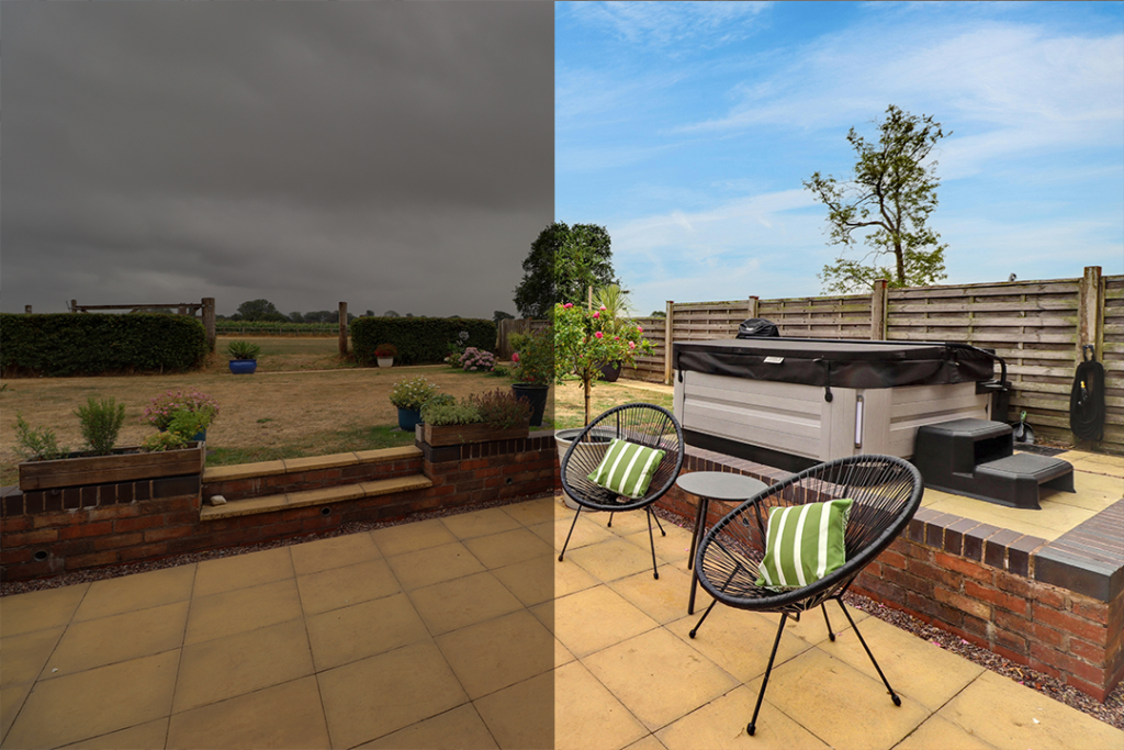 Before and after comparison of a garden patio, showing brighter lighting and a blue sky after photo enhancement.
