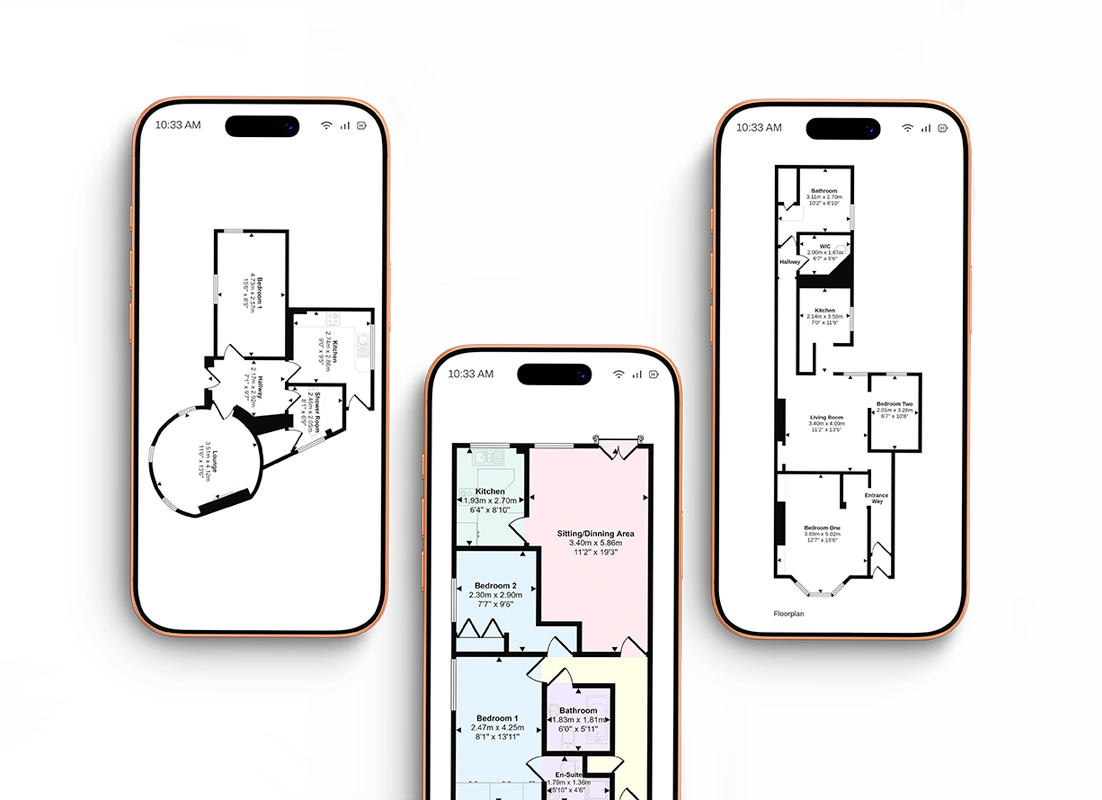 Three professional branded property floor plans for estate agents each demonstrating a product feature displayed on mobile phone screens.