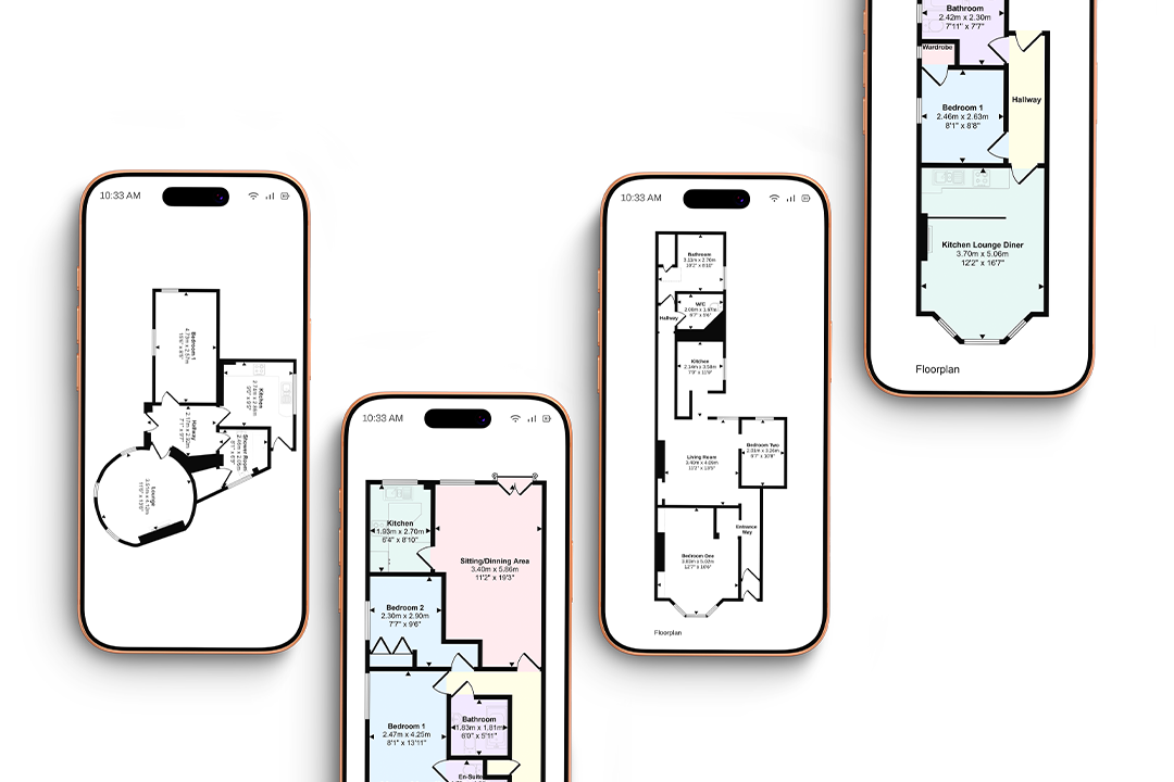 Four smartphones displaying a selection of colour and black-and-white property floor plans.