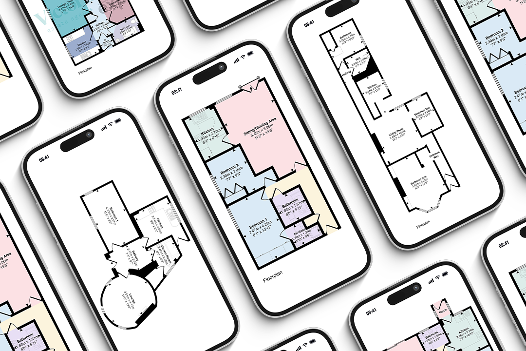 Smartphones arranged diagonally, displaying a range of colour and black-and-white Made Snappy floor plans.