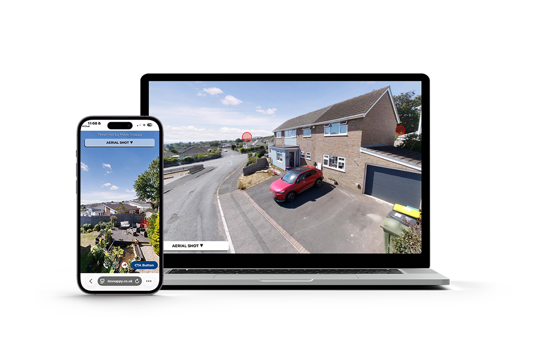 A 360º virtual tour showing exterior elevated images displayed on a mobile phone and laptop.