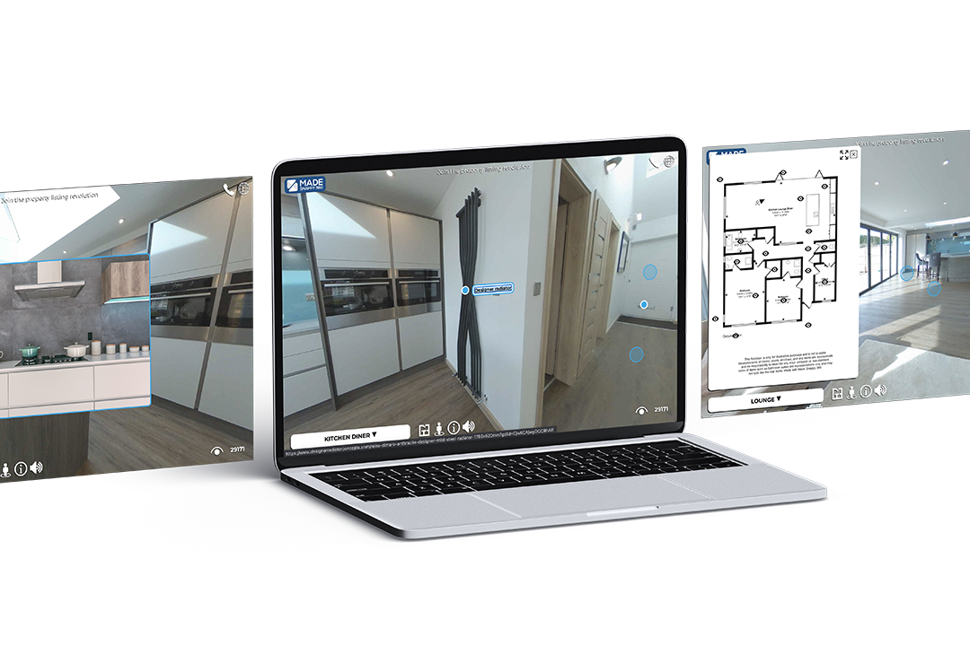A 360º virtual property tour and floor plan displayed on three laptop screens.