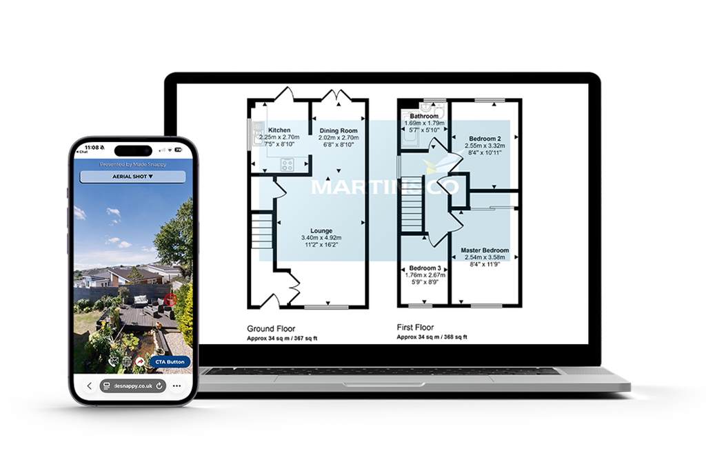 Made Snappy 360 virtual property tour displayed on a mobile phone alongside a detailed floor plan on a laptop.