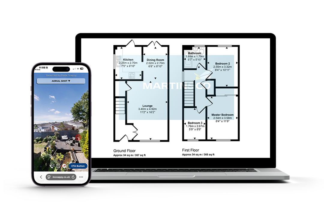 Made Snappy 360 virtual property tour displayed on a mobile phone alongside a detailed floor plan on a laptop.