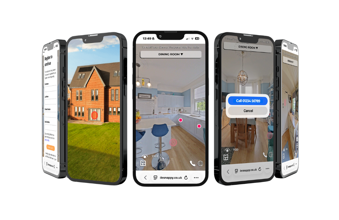 Made Snappy's floor plan, virtual tour, and photo editing services displayed on five mobile phones.