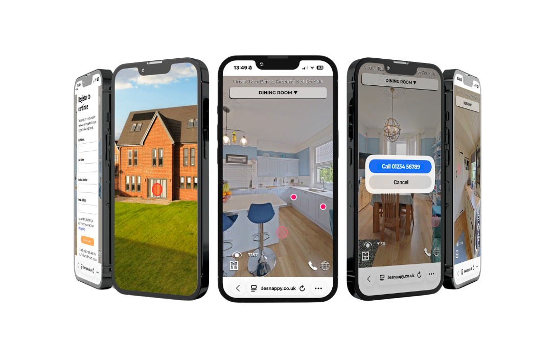 Made Snappy's floor plan, virtual tour, and photo editing services displayed on five mobile phones.