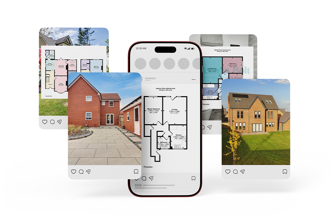 Smartphone displaying a property floor plan surrounded by social media posts featuring houses, floor plans and virtual tours.