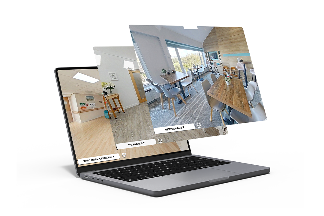 A 360º virtual tour on a commercial property displayed on three laptop screens.