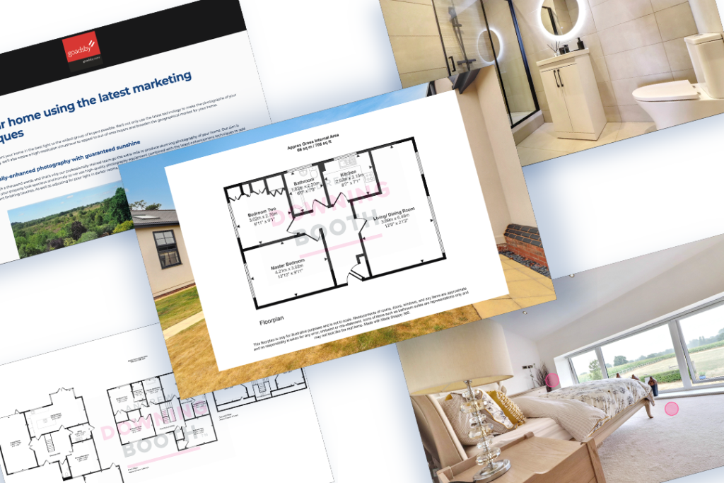 Collage of Made Snappy property marketing, including floor plans, interior photographs and virtual tours.