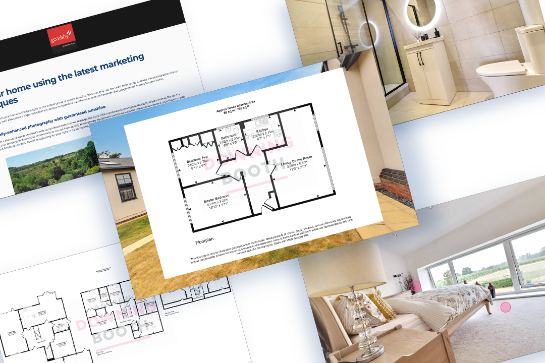 Collage of Made Snappy property marketing, including floor plans, interior photographs and virtual tours.