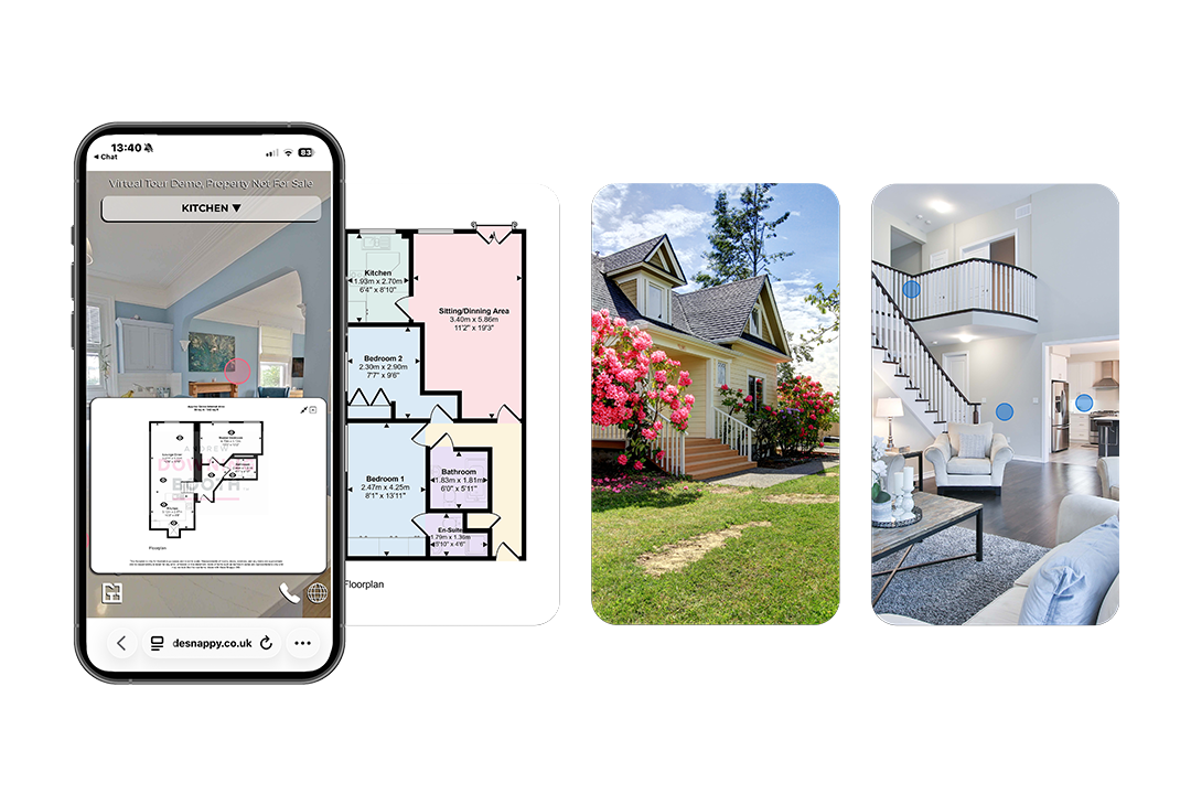 Made Snappy virtual tour on a smartphone alongside panels showing a colour floor plan, house exterior and interior photograph.
