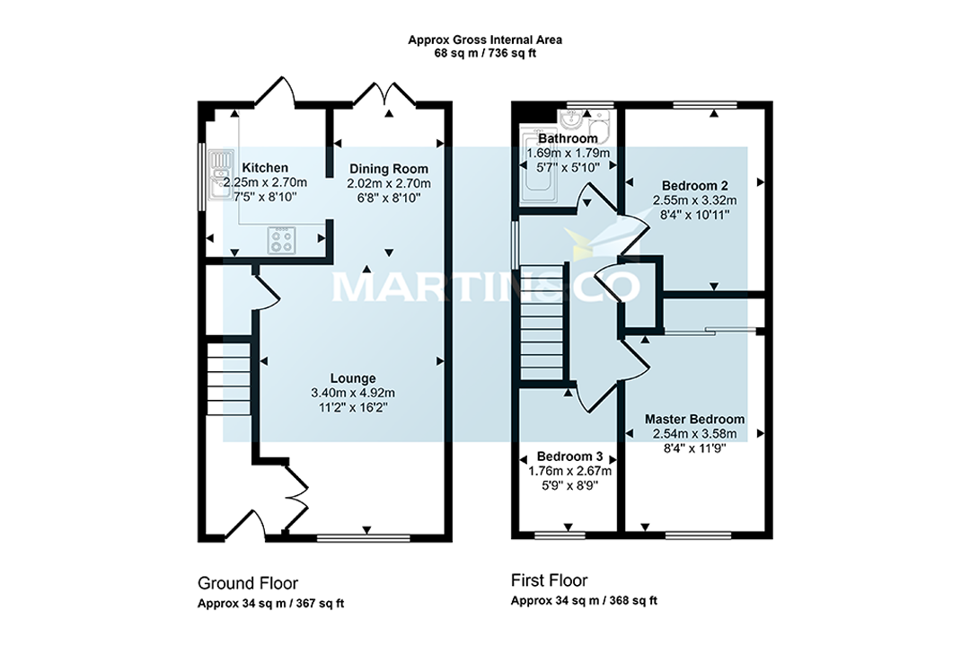 Martin & Co branded floor plan showing the ground and first floors of a three-bedroom house, with room dimensions.