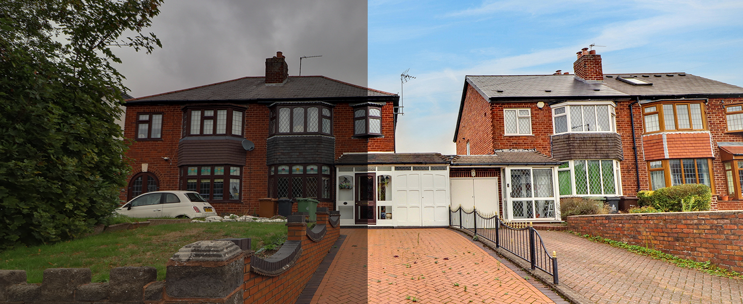Before and after comparison of a property, showing brighter lighting and a blue sky after photo enhancement.