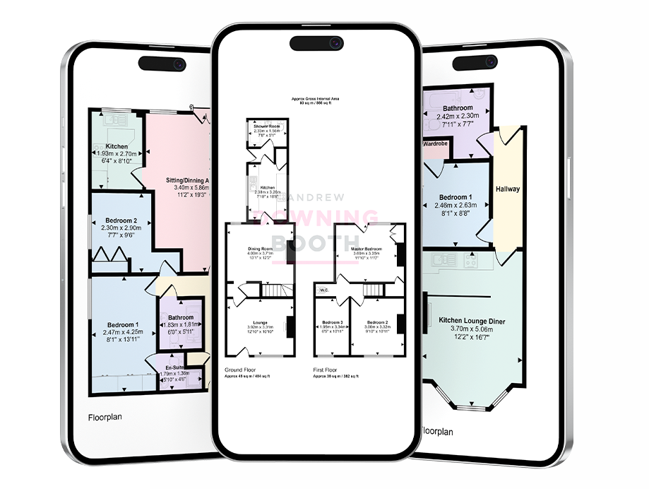 Professional branded property floor plans for estate agents displayed on three mobile phone screens.